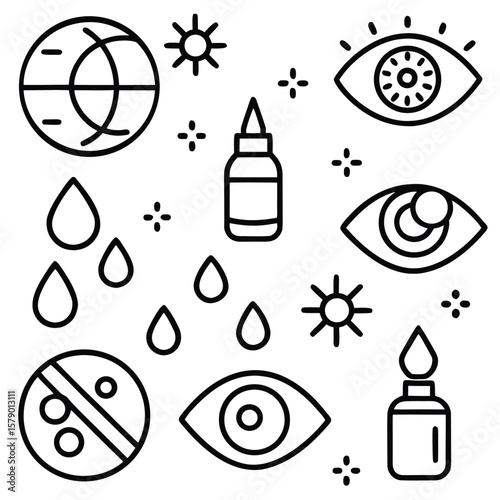 Eye Care and Vision Health Icon Set Featuring Eye Drops Irritation Relief and Eye Health in a Clean Line Art Style