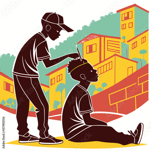 Vector silhouette of two boys in a Brazilian favela, one painting the other's hair, representing urban youth, street culture and community identity