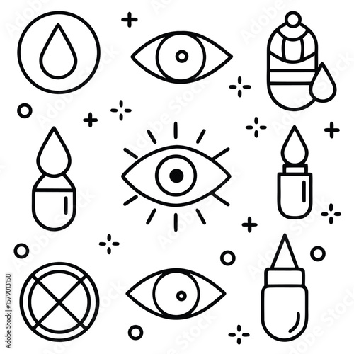 Eye Care and Treatment Icons in a Minimalist Style Featuring Eye Drops Eye Health and Vision Correction in Black and White