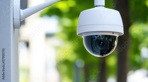 Modern security camera mounted on wall, capturing clear images in outdoor setting with greenery in background