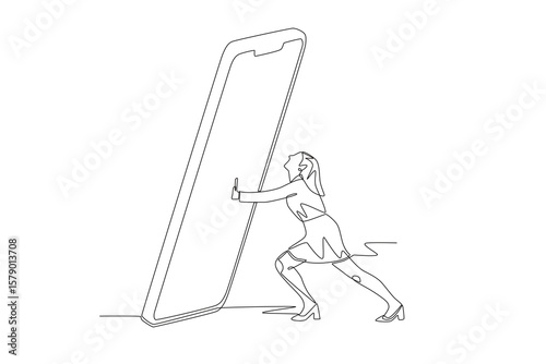 Women who push smartphones to limit the use of digital devices. Digital detoxes concept one-line drawing