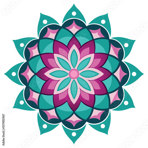 A lotus inspired mandala in shades of magenta and purple, symbolizing purity, beauty, and spiritual growth.