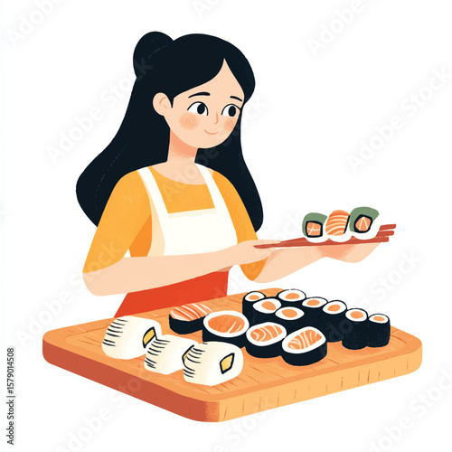 a girl picking sushi from wooden platter