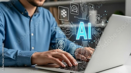 Person working on laptop with animated artificial intelligence icons