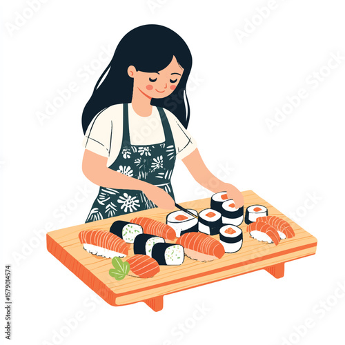a girl picking sushi from wooden platter