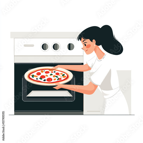 a girl putting pizza into the oven