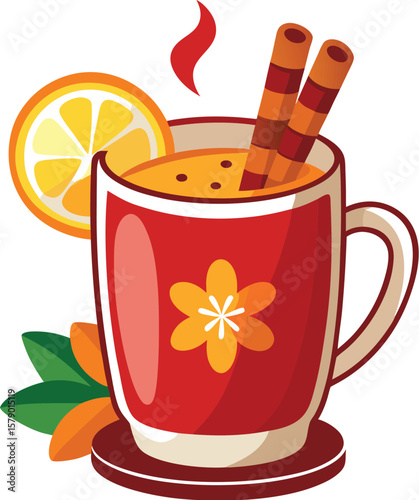 Fresh Fruit Slice Graphics Warm Mulled Wine in a Cozy Mug, Perfect for a Winter's Evening, Festive Holiday Drink...