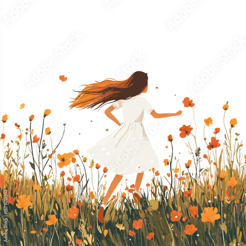 a girl running through flower field