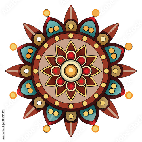 A mandala made of clay art patterns and ethnic beads, showcasing unique tribal craftsmanship.