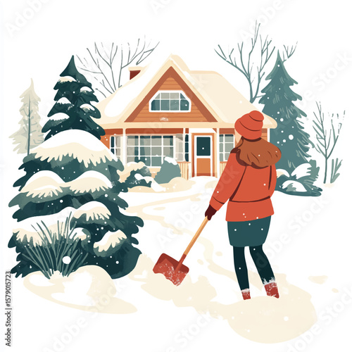 a girl shoveling snow in front yard