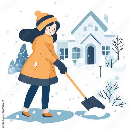 a girl shoveling snow in front yard
