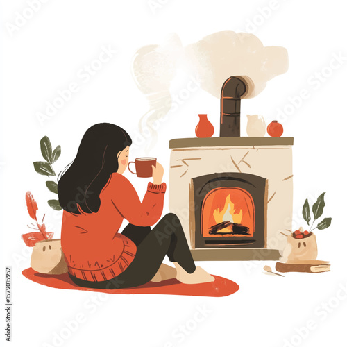 a girl sipping hot chocolate by fireplace