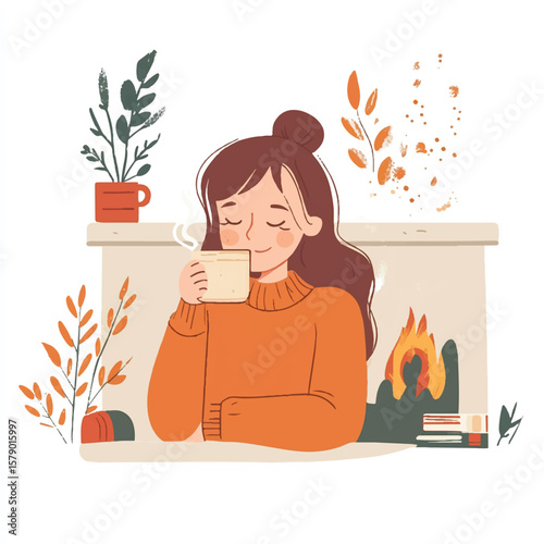 a girl sipping hot chocolate by fireplace