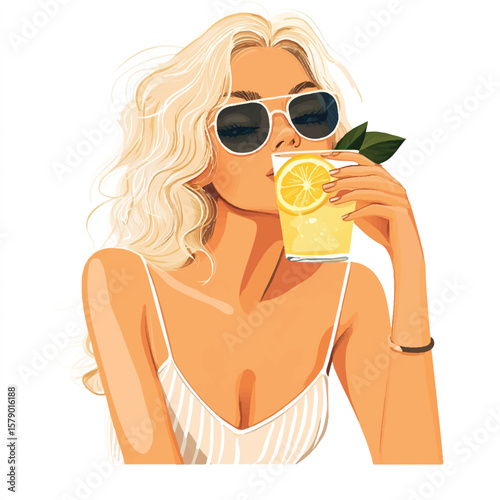 a girl sipping lemonade with slice of lemon
