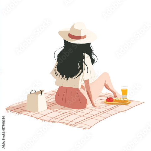 a girl sitting on picnic blanket