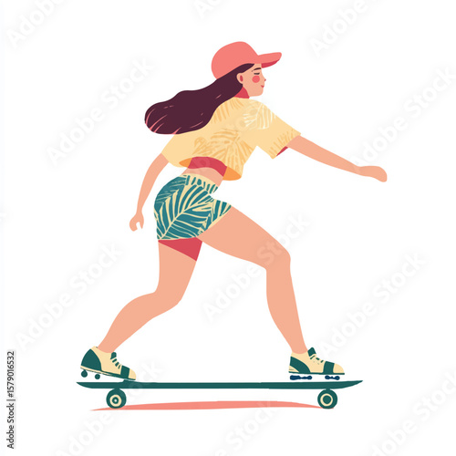 a girl kating in summer outfit and cap