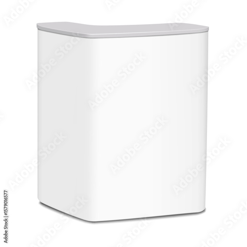 White blank tradeshow promotional table for brand design. Realistic 3d vector mockup. Portable angle corner exhibition trade show counter stand. Mock-up. Reception desk. Template
