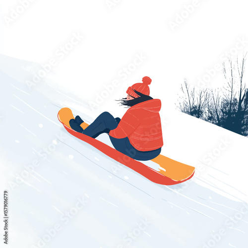 a girl sledding down snowy hill