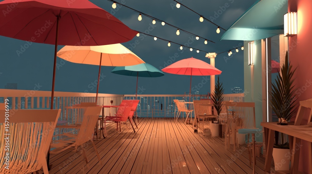 Fototapeta premium Colorful rooftop patio at night