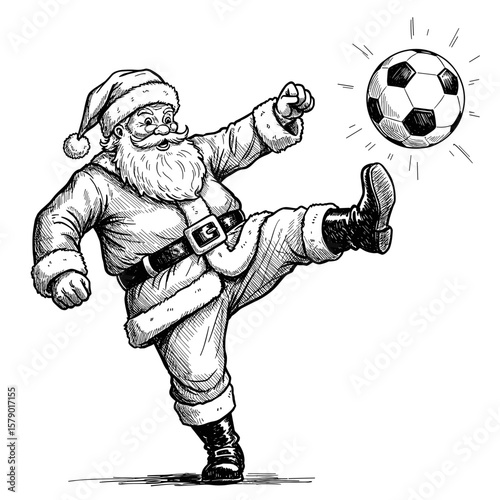 Engraving Sketch Santa Claus Kicking Soccer Ball Hand Drawn Black and White Illustration, SVG

