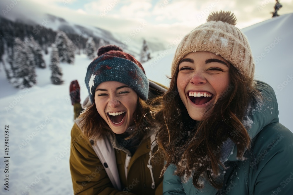 Two young women are enjoying a snowy day in the mountains, laughing and having fun Two young women are enjoying a snowy day in the mountains, laughing and having fun