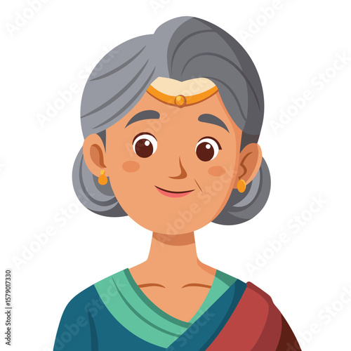 An elderly woman with gray hair wearing a traditional saree, showing wisdom and cultural grace.