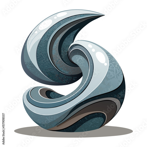 Abstract 3d swirl sculpture in shades of blue and grey representing movement and energy.