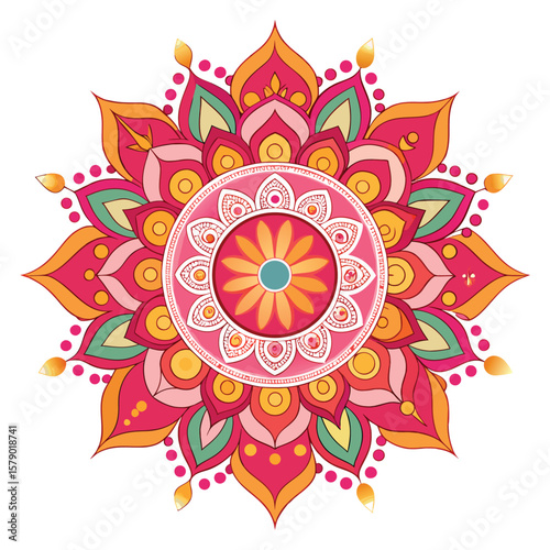A pink and orange mandala with hand-drawn peacock feather motifs, showcasing artistic elegance.