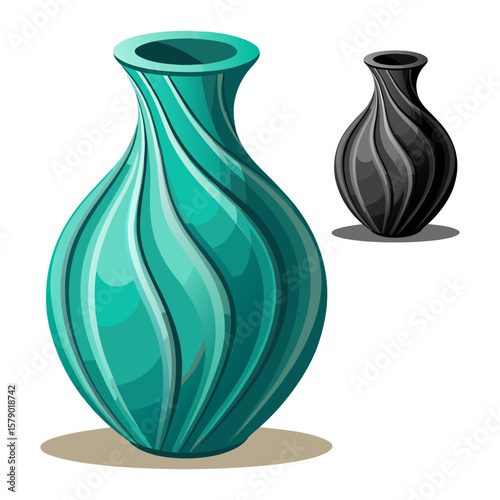 Artistic illustration of teal and black vases showcasing modern ceramic design on an isolated white background