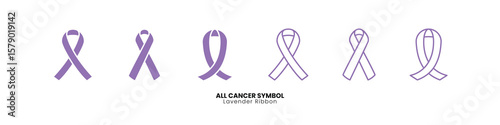 Lavender ribbon vector set for all cancer awareness. Includes flat and outline styles, ideal for health campaigns, oncology support, fundraising events, medical posters, and cancer survivor graphics