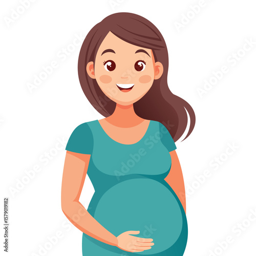 A pregnant woman holding her belly with a gentle smile, symbolizing anticipation and maternal joy.