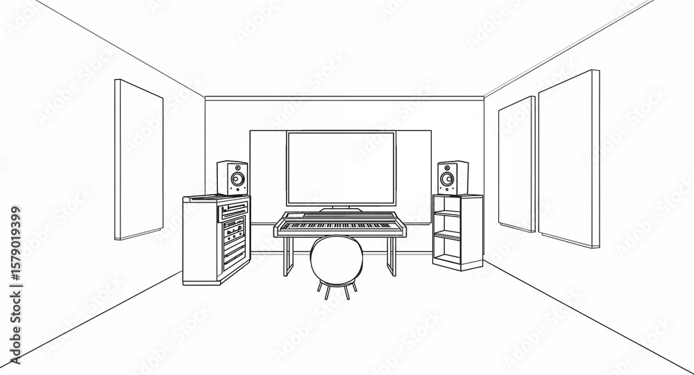 Fototapeta premium Small music studio with soundproofing panels line art hand drawing in plain white background