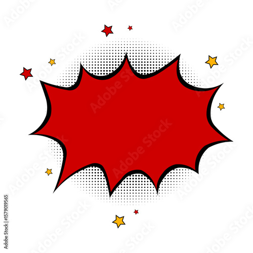 Comic-style speech bubble, with halftone effect and stars.