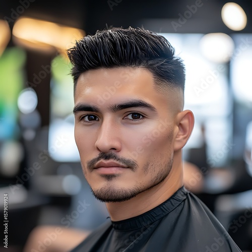 A handsome man with neatly trimmed short hair and a well-groomed beard sits in a modern barbershop, tilting his head back slightly to highlight his stylish haircut and fresh look.