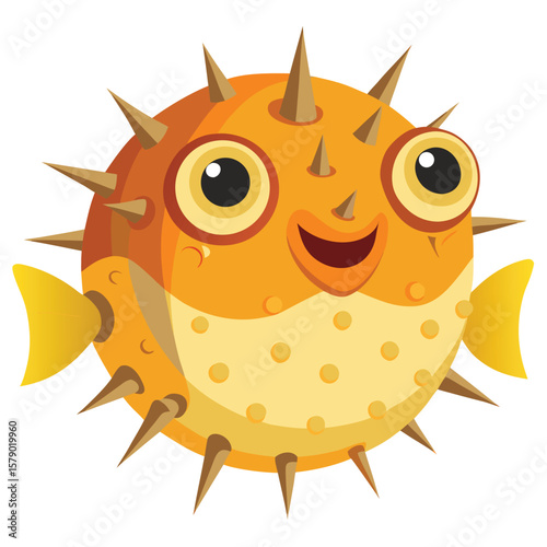 A pufferfish in inflated mode with sharp spikes, on a plain background, showing its defense mechanism.