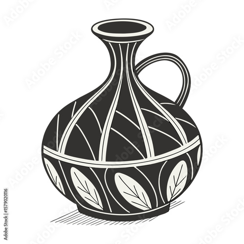 Vector illustration of a decorative black and white vase depicting leaves and a handle with abstract geometric patterns