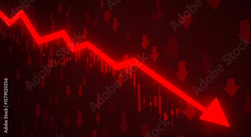 Red downward trend line with arrow and candlestick chart against a dark red background with arrows