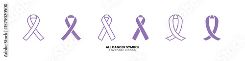 Lavender ribbon vector set symbolizing all cancer awareness. Includes flat and outline styles, perfect for medical campaigns, oncology support, survivor designs, fundraising events, and health posters
