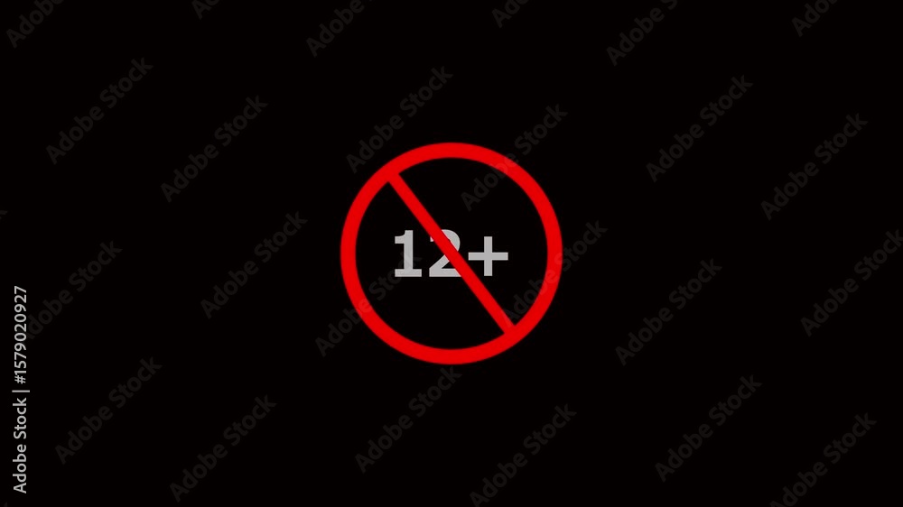 Animation of under 12 prohibition sign symbol on a black background. 12+ not allowed icon.Under 12+ sign warning symbol animation. Animation of under 12 prohibition sign symbol on a black background. 12+ not allowed icon.Under 12+ sign warning symbol animation.