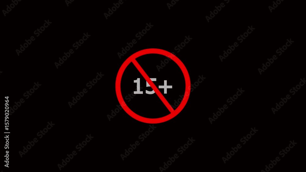 Animation of under 15 prohibition sign symbol on a black background. 15+ not allowed icon.Under 15+ sign warning symbol animation. Animation of under 15 prohibition sign symbol on a black background. 15+ not allowed icon.Under 15+ sign warning symbol animation.