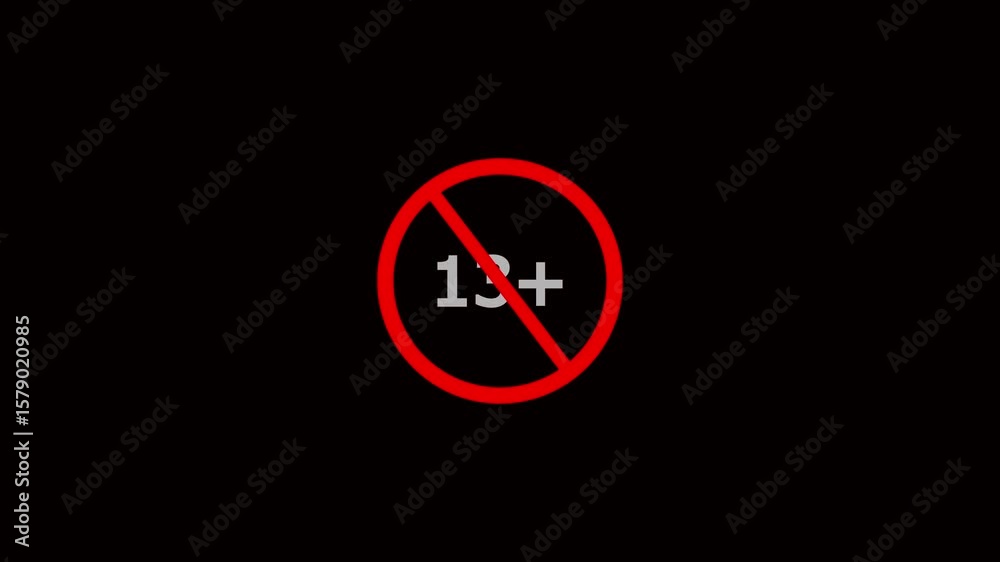 Animation of under 13 prohibition sign symbol on a black background. 13+ not allowed icon.Under 13+ sign warning symbol animation. Animation of under 13 prohibition sign symbol on a black background. 13+ not allowed icon.Under 13+ sign warning symbol animation.