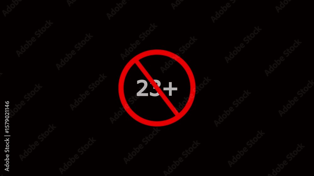Animation of under 23 prohibition sign symbol on a black background.23+ not allowed icon.Under 23+ sign warning symbol animation. Animation of under 23 prohibition sign symbol on a black background.23+ not allowed icon.Under 23+ sign warning symbol animation.