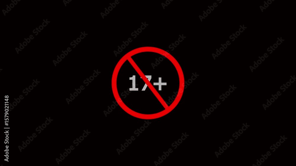 Animation of under 17 prohibition sign symbol on a black background.17+ not allowed icon.Under 17+ sign warning symbol animation. Animation of under 17 prohibition sign symbol on a black background.17+ not allowed icon.Under 17+ sign warning symbol animation.