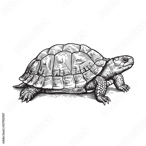 Engraved turtle in profile with ornate shell pattern in bold black and white line style