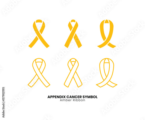 Amber ribbon vector set representing appendix cancer awareness. Includes flat and outline styles, perfect for health campaigns, medical posters, charity events, oncology support, and survivor graphics