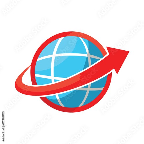 A red arrow wrapping around a globe icon, symbolizing global reach and international communication.