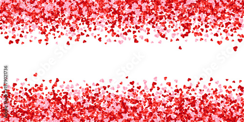 Red and pink scattered hearts vector border frame