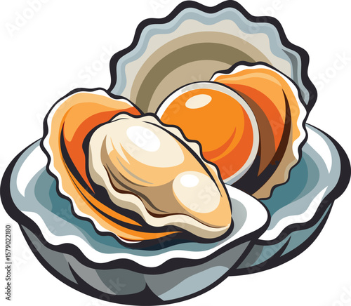 Fresh Fruit Slice Graphics Delicious Fresh Oysters Ready to Eat, Seafood Delicacy, Coastal Cuisine Illustration