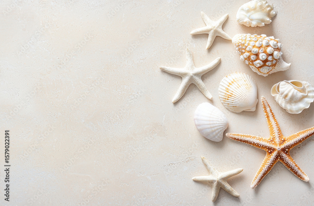 Seashells and starfish arranged on light background create serene coastal vibe, perfect for beach themed decor Seashells and starfish arranged on light background create serene coastal vibe, perfect for beach themed decor