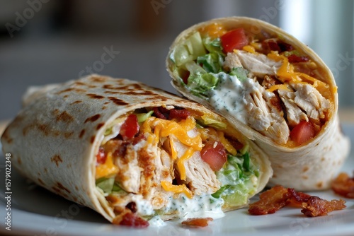 Chicken bacon ranch wrap sliced in half, revealing juicy shredded chicken, melted cheddar cheese, crispy bacon bits,